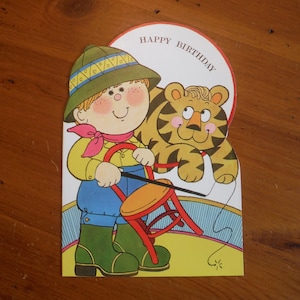 Vintage 1960er Geburtstags-Kind-Puzzle-Karte - 60er Jahre Junge Tiger Zirkus Geburtstagskarte - Junge Zirkus Aktivität Geburtstagskarte