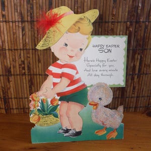 Grande carte de Pâques vintage des années 1940 pour fils floqué - Carte de Pâques vintage pour enfants de Boy Son - Stand-Up First Easter Card - Flocked Duckling Card