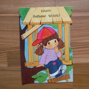 Vintage carte d'anniversaire fille des années 60 - éphémères carte d'anniversaire fille cabane dans l'arbre - papier glacé mignon enfant anniversaire indésirable journal éphémères
