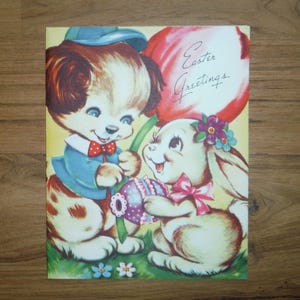 Meilleure carte de Pâques vintage des années 1950 - carte de Pâques vintage des années 50 lapin mignon chiot chien - carte de Pâques vintage Scrapbook Journal éphémère