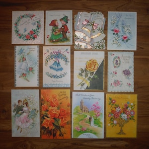12 Vintage Happy Anniversary Cards Lot - 1950s - 1970s Gratulacje Rocznicowe Karty Powitalne - Vintage Rocznicowy Album Wycinków Ephemera