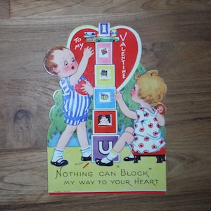 Leuke antieke valentijnskaart jaren 30 - jaren '30 kartonnen opstaande babyblokken Valentijn - beste vintage valentijnskaart plakboek kortstondige