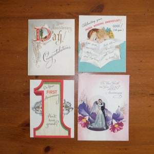4 Tarjetas de 1er Aniversario de vintage de 1950 - Tarjeta de primer aniversario de los años 50 - Diario de chatarra de aniversario de bodas de los años 50 Ephemera