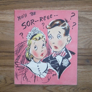 Fun Vintage 1950's Wedding Card - Silly Vintage Handsome Bride Groom Couple Wedding Card - Wedding Scrapbook Journal Ephemera