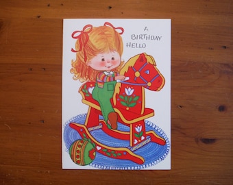 Vintage 1960&#39;s Birthday Girl Card - 1960&#39;s Girl Rocking Horse Birthday Card Ephemera - Glossy Cute Child Birthday Junk Journal Ephemera