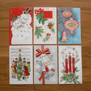 6 Delightful Vintage Christmas Cards - 1960&#39;s Holiday Christmas Xmas Cards - Christmas Tree Ornaments Candles Snowmen Journal Ephemera