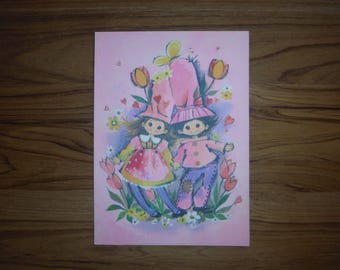 Cutest Vintage Happy Birthday Card - 1960's Whimsical Shabby Chic Girl & Boy Birthday Card - '60's Cute Journal Scrapbook Ephemera