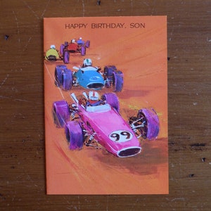 Cartão de aniversário vintage dos anos 1970 - Cartão de feliz aniversário para motorista de carro de corrida filho dos anos 70 - Cartão de aniversário para filho jovem, livro de sucata de papel, coisas efêmeras