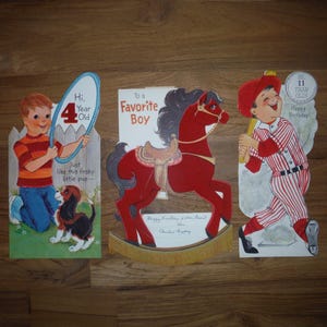 3 Vintage beflockte Kinderkarten - Süße beflockte, flockige Lieblingsjungenkarten für Jungen - Beste beflockte Vintage-Kindergeburtstagskarte Ephemera