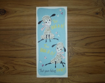 La mejor tarjeta vintage de los años 60 para desear una pronta recuperación: tarjeta kitsch de "Friend" de los años 60; divertida tarjeta vintage brillante para desear una pronta recuperación; efímera "Cordero" de los años 60 para desear una pronta recuperación.