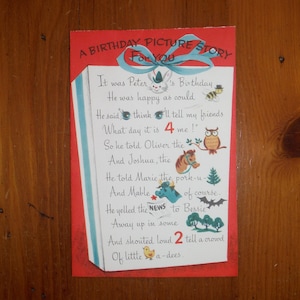 Cartão de aniversário infantil vintage dos anos 50 - Cartão de feliz aniversário para meninos e meninas dos anos 50 - Cartão de aniversário divertido com imagens vintage e animais
