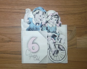 La mejor tarjeta de cumpleaños antigua de seis años - Tarjeta vintage de cumpleaños para niño y niña de los años 30 - Efímera de diario de recortes de seis cumpleaños antigua