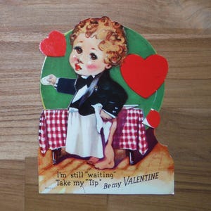 Niedliche wunderliche antike 1930er Jahre Kellner-Valentinsgruß-Karte - '30er Jahre Karton Restaurant Kellner Valentine - Best Vintage Valentine Ephemera