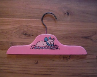 Vintage 1940&#39;s Child&#39;s Kitten Pink Wooden Clothing Hanger - Kitty Cat Decal Wood Hanger - Girl Baby Boy Vintage Nursery Bedroom Decor