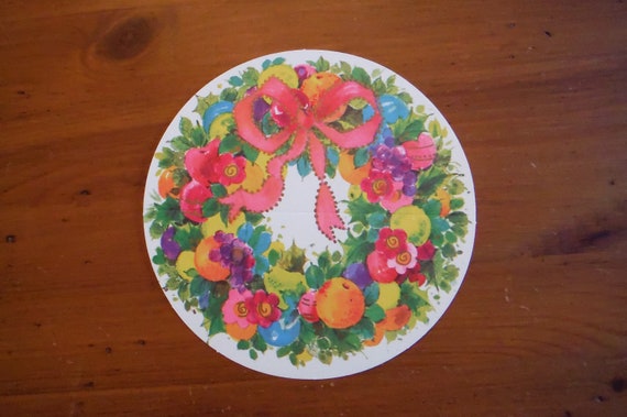 Vintage Retro Christmas Card - 1970's Circle Circular X-mas Wreath Card - '70's Mod Round Merry Christmas Greeting Junk Journal Ephemera
