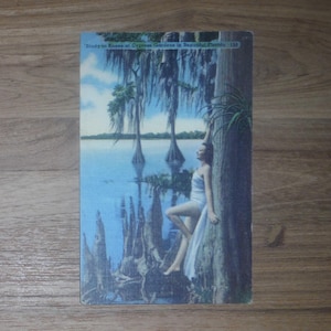 Vintage 1960&#39;s Florida Linen Postcard - &#39;60&#39;s Sexy Lady Cypress Gardens Florida Linen Postcard - Vintage Florida Linen Paper Ephemera
