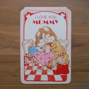 Linda tarjeta vintage de San Valentín para mamá - Tarjeta de felicitación vintage para el día de San Valentín de mamá conejita - Efímera de San Valentín de mamá conejita kawaii