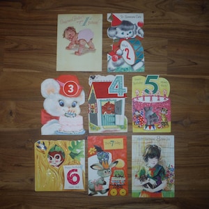 Lot de 8 cartes d'anniversaire mignonnes vintage - cartes de voeux d'anniversaire pour enfants vintage des années 1950-1970 - vintage Scrapbook Journal d'anniversaire éphémères