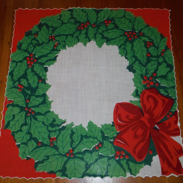 Vintage Christmas Wreath Hankie - Vintage Green X-mas Wreath Holly Red Bow Jolly Holiday Hankie - Vintage Christmas Holidays Linen