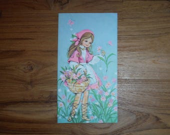 Vintage Whimsical Cute Girl Stationary Card - 1970's Cute Girl Card - '70's Pink bonnet Garden Flowers Girl Journal Ephemera