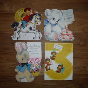 4 Vintage beflockte Kinderkarten - Niedliche beflockte unscharfe Teddybär-Häschen-Cowboy-Karten - Beste beflockte Neffe Cowboy-dritte Geburtstagskarte