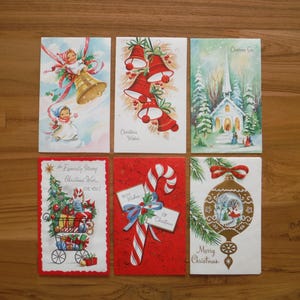 6 Delightful Vintage Christmas Cards - 1960&#39;s Holiday Christmas Xmas Cards - Christmas Tree Ornaments Candy Cane Angels Journal Ephemera
