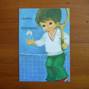 vintage 1960's Birthday Boy Card - 1960's Boy Tennis Player Birthday Card Ephemera - Glossy Cute Birthday Junk Journal Scrapbook Ephemera