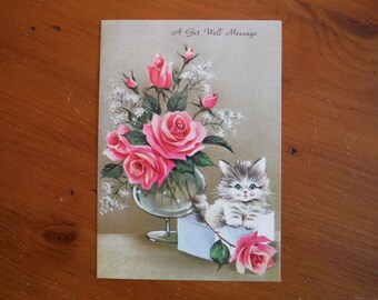 Tarjeta de pronta recuperación vintage de los años 50 - Tarjeta de pronta recuperación con gatitos, gatos y rosas estilo shabby chic de los años 50 - Papel de diario basura efímero de los años 50