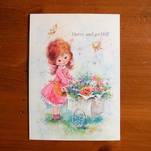 Vintage wunderliche Get Well Karte - 60er Jahre Mädchen Blumen Wagen Get Well Junk Journal Sammelalbum Ephemera