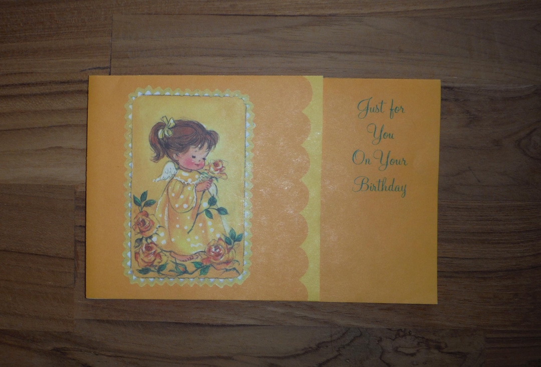 Cute Vintage 1970's Happy Birthday Girl Card - '70's Angel Girl Garden ...