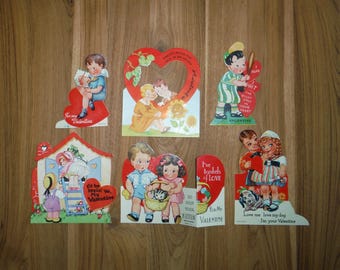 6 Cute Antique Children's Valentine Cards - Vintage Antique 1930's Valentines - Vintage Child Valentine Scrapbook Ephemera - Kitten Dog Card