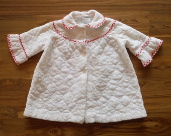 Vintage Infant Toddler Quilted Bath Robe - 1970's Toddler Baby White Red Mod Quilted Housecoat - Cute Vintage '70's Lace Quilted Bathrobe