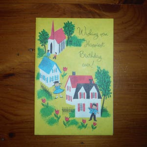 Cartão de aniversário infantil vintage dos anos 1950 - Cartão de feliz aniversário para meninos e meninas dos anos 50 - Cartão de aniversário religioso com versículos da Bíblia e atividades em labirinto