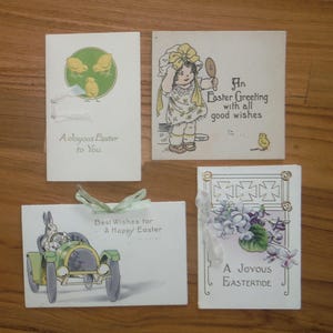 4 cartões de Páscoa antigos dos anos 1930 - Lote de cartões de Páscoa infantis fofos dos anos 30 - Lote de cartões de coelhinhos patinhos para bebês, itens de scrapbook