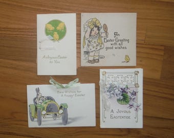 4 Antique 1930's Easter Cards - Vintage '30's Cute Children's Easter Cards Lot - Baby Ducklings Bunny Rabbit Cards Lot Scrapbook Ephemera