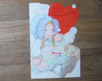 Tarjeta de San Valentín vintage de Holly Hobbie para su nieta - Papelería vintage de Holly Hobbie de los años 70 - Efímera de San Valentín con gatito de Holly Hobbie