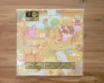 Härligt vintage barnpresentpapper - 1970-tals bondgård med djur från ladan - 70-tals presentpapper med pojke och flicka skräpjournal, efemera