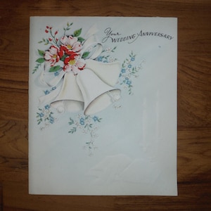 La mejor tarjeta de aniversario vintage de los años 50: encantadora tarjeta de aniversario de boda con flores en relieve de los años 50, tarjeta de felicitación efímera del aniversario de los años 50