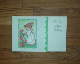 Cute Vintage 1970's Happy Birthday Girl Card - '70's Angel Girl Garden Birthday Card - Girl Junk Journal  Scrapbook Birthday Ephemera