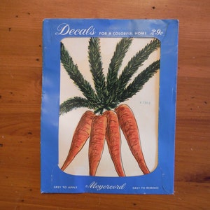 Décalque Meyercord végétal vintage original - décalcomanie de cuisine végétarienne carottes des années 1950 - cuisine alimentaire Scrapbook Journal éphémères des années 50