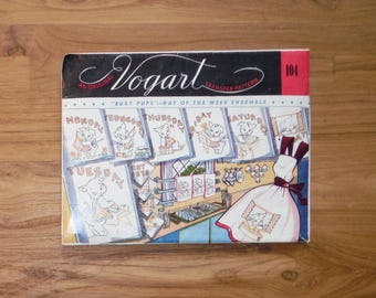 Vintage Vogart Puppies Day of the Week Transfer Patterns - 1950's Hot Iron-On Fabric Embroidery Painting Patterns - Vogart #104 Transfers