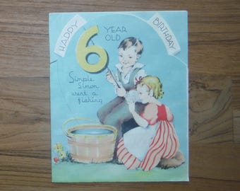 La mejor tarjeta de cumpleaños antigua de seis años - Tarjeta vintage de cumpleaños para niño y niña de los años 30 - Efímera de diario de recortes de seis cumpleaños antigua