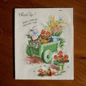 Urocza, zabytkowa kartka z okazji powrotu do zdrowia z lat 50. - wytłoczony wózek z kwiatami z lat 50. Karta przyjaciela na dobre zdrowie - Get Well Feel Fine Junk Journal Ephemera