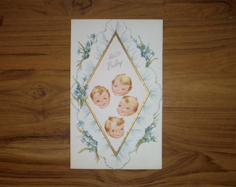 Leuke vintage nieuwe babykaart - kaart hallo nieuwe baby jaren 60 - kaart nieuwe babyjongen jaren 60 - gefeliciteerd ouders plakboek dagboek kortstondig