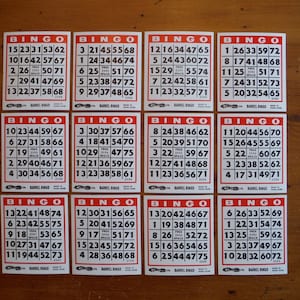 12 cartes de bingo vintage - 1970's Red White Black Mod Cardboard Bingo Cards - vintage Bingo Stuff - Papers Junk Journal Game Cards Ephemera