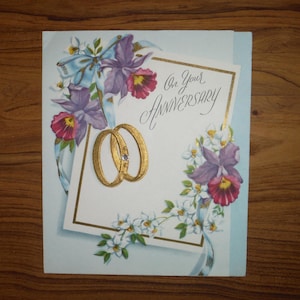 La mejor tarjeta de aniversario vintage de los años 50: encantadora tarjeta de aniversario de boda con flores en relieve de los años 50, tarjeta de felicitación efímera del aniversario de los años 50