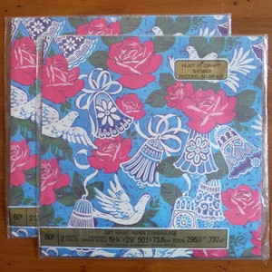 May include: Two sheets of blue gift wrap with a white dove, pink roses, and white bells. The text on the wrap reads "Rust & Craft Shower Wedding/Marriage" and "Gift Wrap Papier d'Emballage 19 3/4" x 29" 50.1 x 73.6 cm Total 7.95 sq ft .737 m&sup2;".