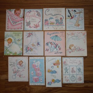 12 antieke nieuwe kaarten voor babymeisjesjongens Lot - jaren 1950 - 1970 wenskaarten babyjongen meisje - vintage baby gefeliciteerd plakboek kortstondige