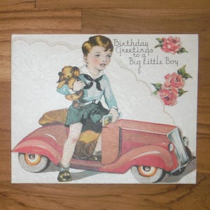 Beste antike große kleine Junge Geburtstagskarte - Vintage 1930er Junge Geburtstagskarte - Antike Junge Auto Geburtstag Scrapbook Journal Ephemera
