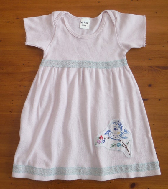Vintage 1970s Blue Embroidered Baby Dress USA Made 9-12 Months
